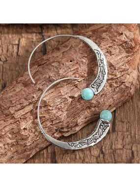 Large Silver Tone Feather Spiral Earrings in Turquoise Blue #1314
